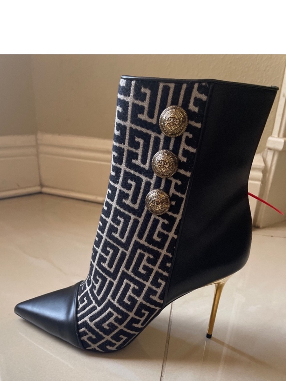 Balmain Black & Cream Patterned Pointed Stiletto Ankle Boot